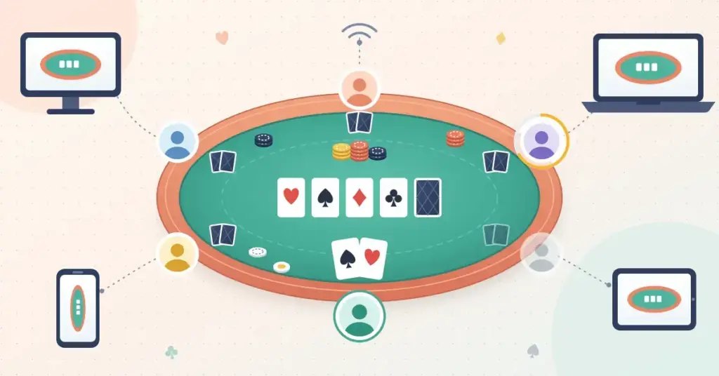 Vaalea kuvitus nettipokerista: ylhäältä kuvatun virtuaalisen pokeripöydän ympärillä istuu pelaajia, jotka on yhdistetty katkoviivoin omiin laitteisiinsa – tietokoneeseen, kannettavaan, tablettiin ja puhelimeen – ja pöydällä on yhteiskortit, pelimerkkipotti sekä pelaajan aloituskäsi.